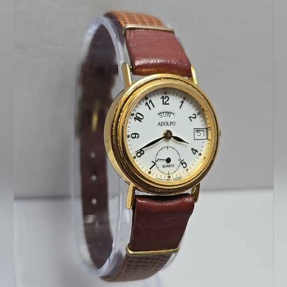 Womens Adolfo Watch Day Date Gold Brown Croc Band New Battery 227-70220 French - Picture 3 of 11